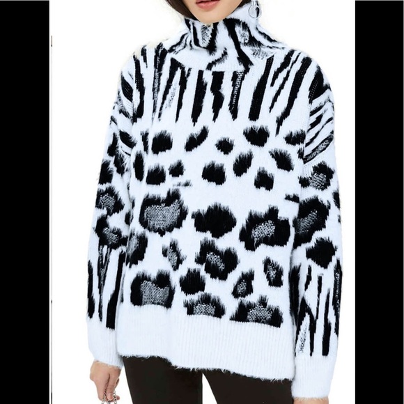 Turtleneck leopard Print Thick & Warm Rib Knit Cuffs Soft Sweater - Picture 1 of 6
